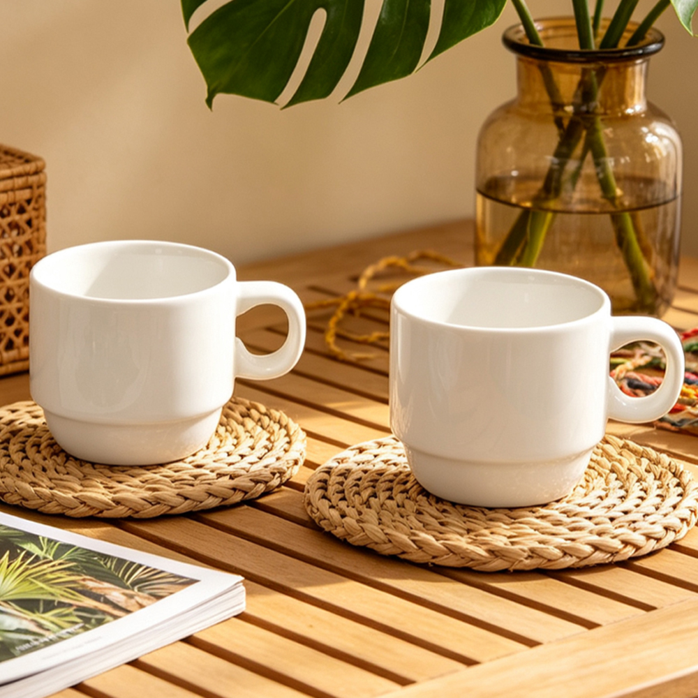 Sublimation Blank Stackable Ceramic Mug Set 2 4 Cup with Gold Silver Metal Stand DIY Custom Print Coffee Cup White Box Packing
