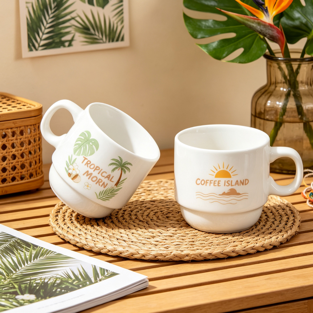 Sublimation Blank Stackable Ceramic Mug Set 2 4 Cup with Gold Silver Metal Stand DIY Custom Print Coffee Cup White Box Packing