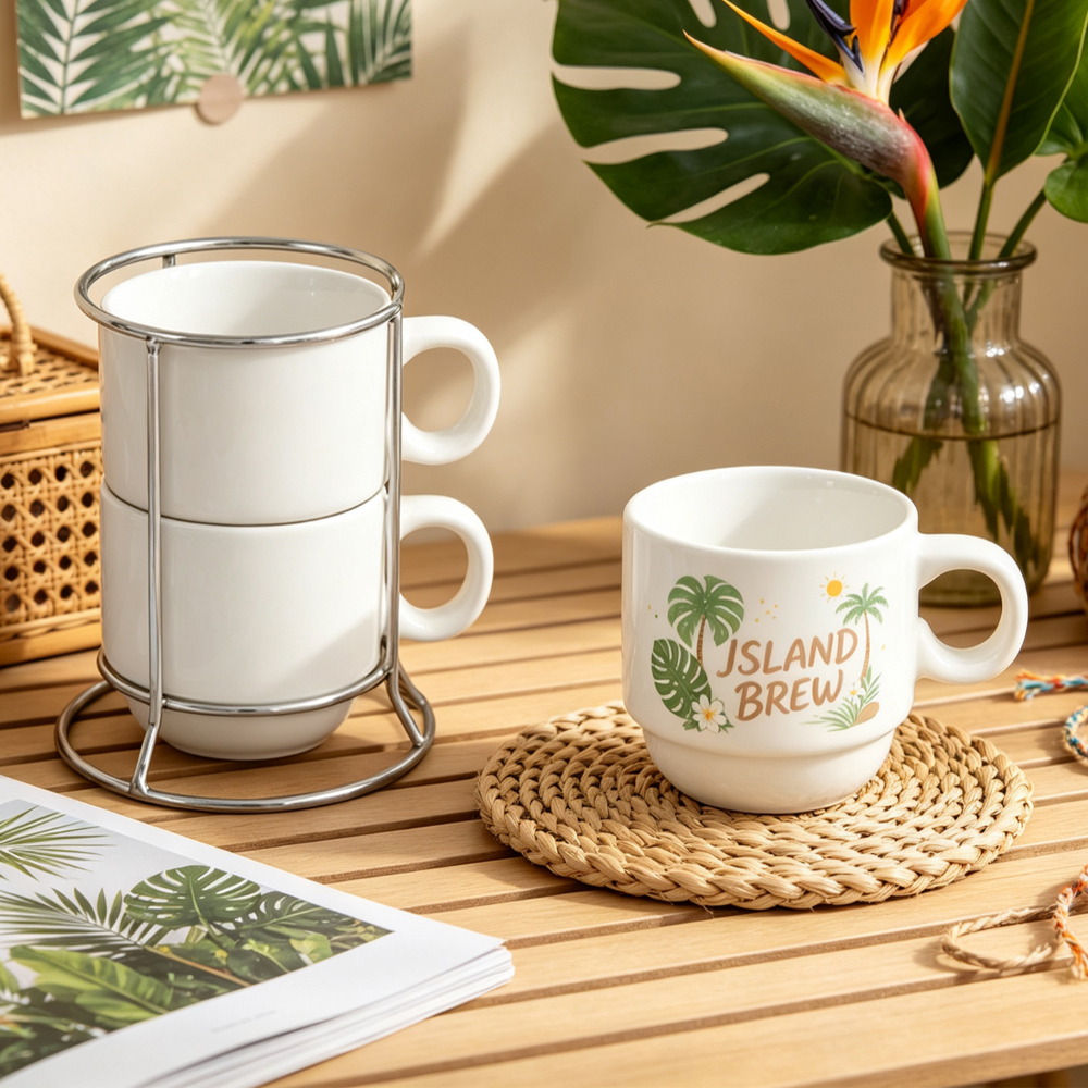 Sublimation Blank Stackable Ceramic Mug Set 2 4 Cup with Gold Silver Metal Stand DIY Custom Print Coffee Cup White Box Packing