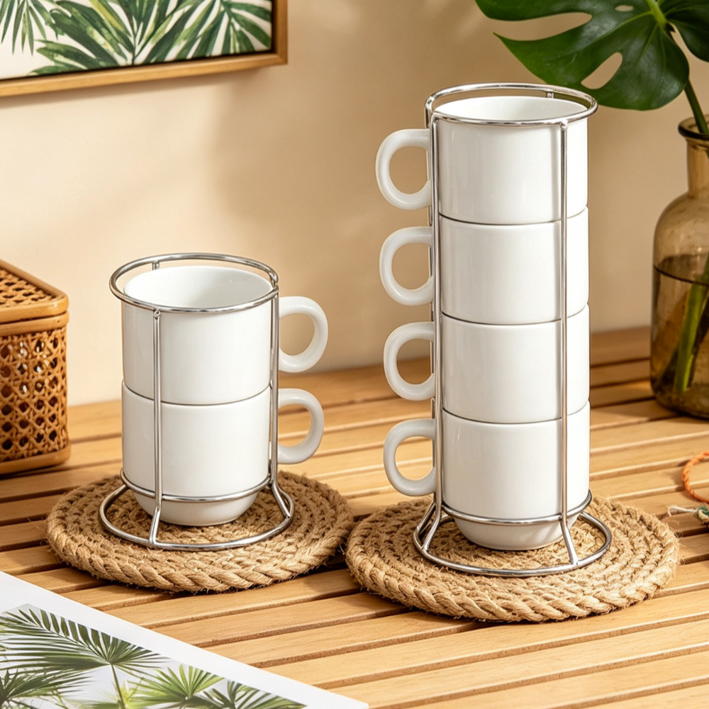 Sublimation Blank Stackable Ceramic Mug Set 2 4 Cup with Gold Silver Metal Stand DIY Custom Print Coffee Cup White Box Packing