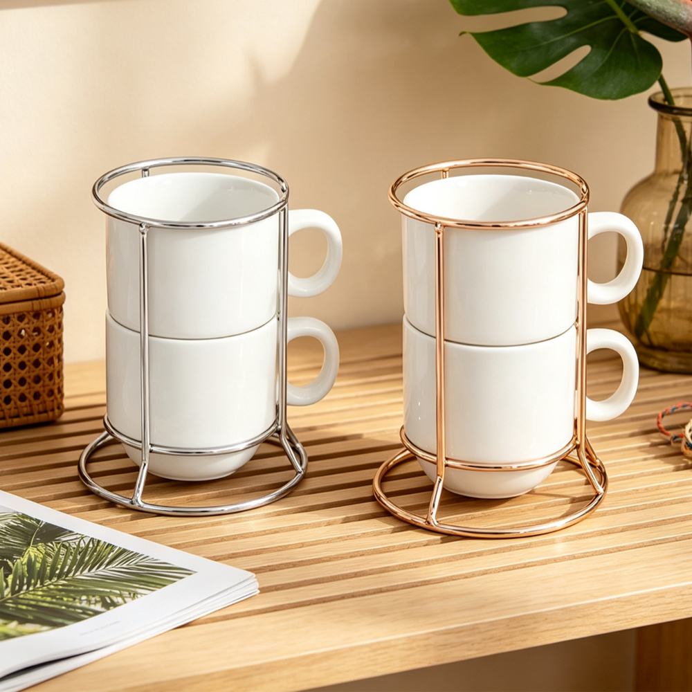Sublimation Blank Stackable Ceramic Mug Set 2 4 Cup with Gold Silver Metal Stand DIY Custom Print Coffee Cup White Box Packing
