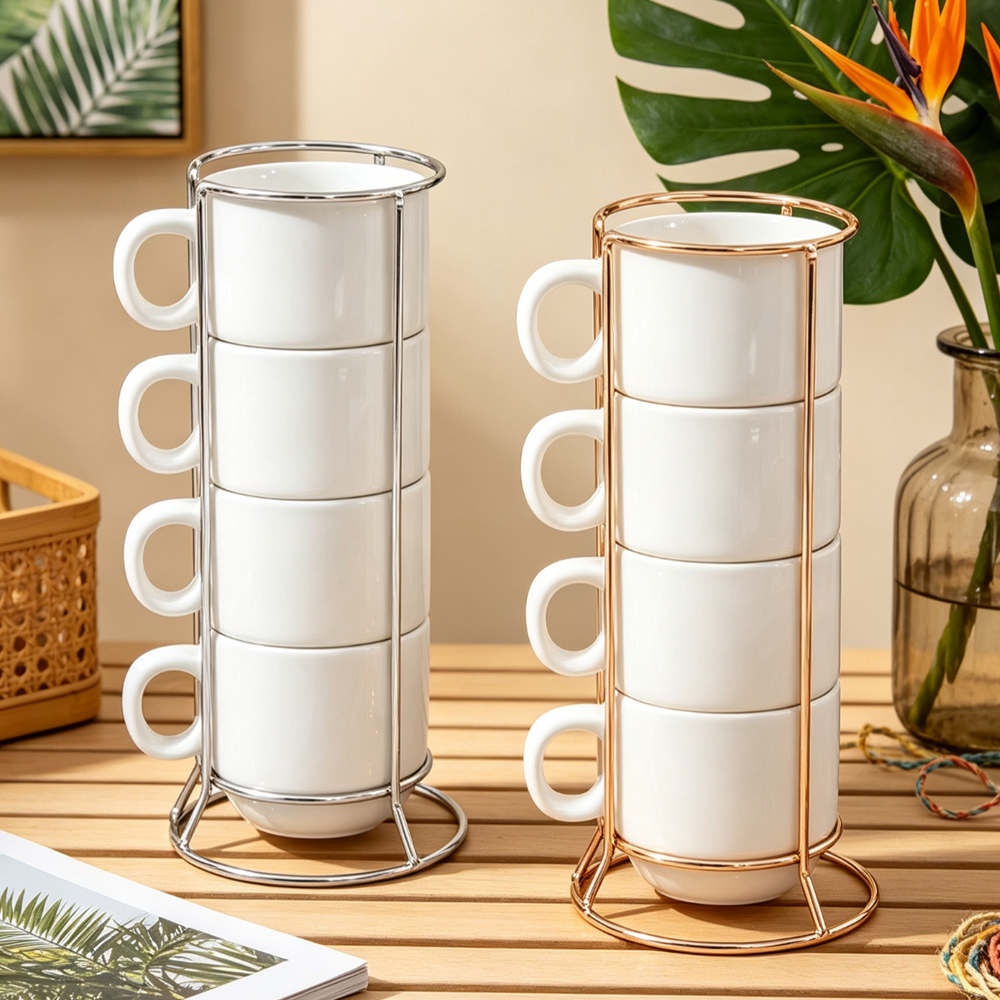 Sublimation Blank Stackable Ceramic Mug Set 2 4 Cup with Gold Silver Metal Stand DIY Custom Print Coffee Cup White Box Packing