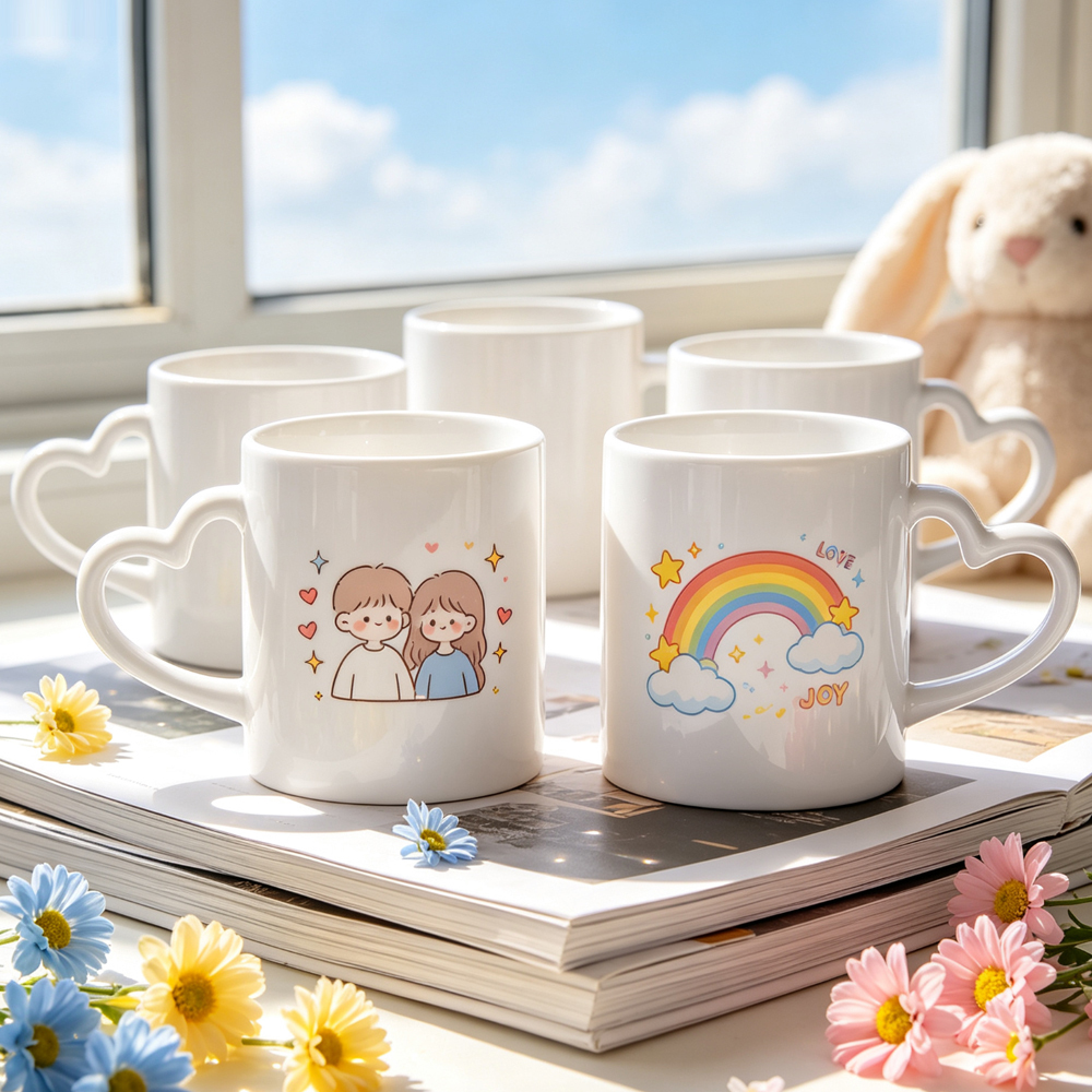 Sublimation White Ceramic Mug Blanks Collection 4 Shapes Love Heart Square Handle DIY Photo Printing Coffee Tea Cup