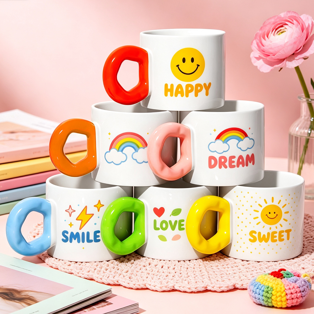 Sublimation Blank Flower Handle Ceramic Mug 6 Colors Cute Ring Grip Coffee Cup 20x7cm Print DIY Custom Photo Heat Press Gift