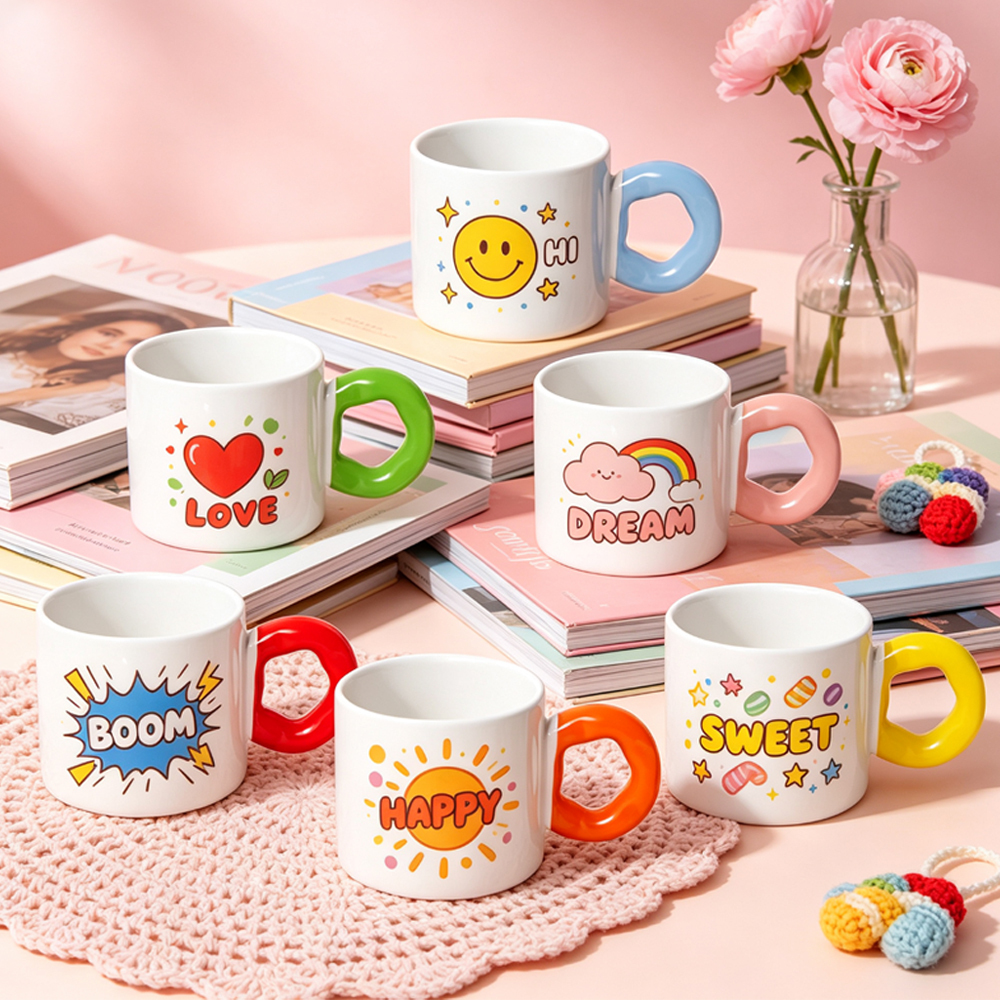 Sublimation Blank Flower Handle Ceramic Mug 6 Colors Cute Ring Grip Coffee Cup 20x7cm Print DIY Custom Photo Heat Press Gift