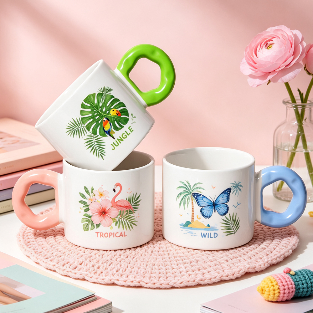 Sublimation Blank Flower Handle Ceramic Mug 6 Colors Cute Ring Grip Coffee Cup 20x7cm Print DIY Custom Photo Heat Press Gift
