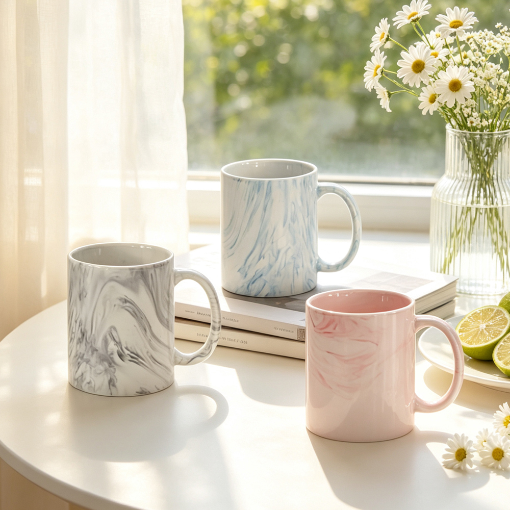 Wholesale Sublimation Blank Ceramic Mug Series 11oz 15oz Inner Color Rim Handle Glitter Marble Color Changing Cup for Heat Press DIY