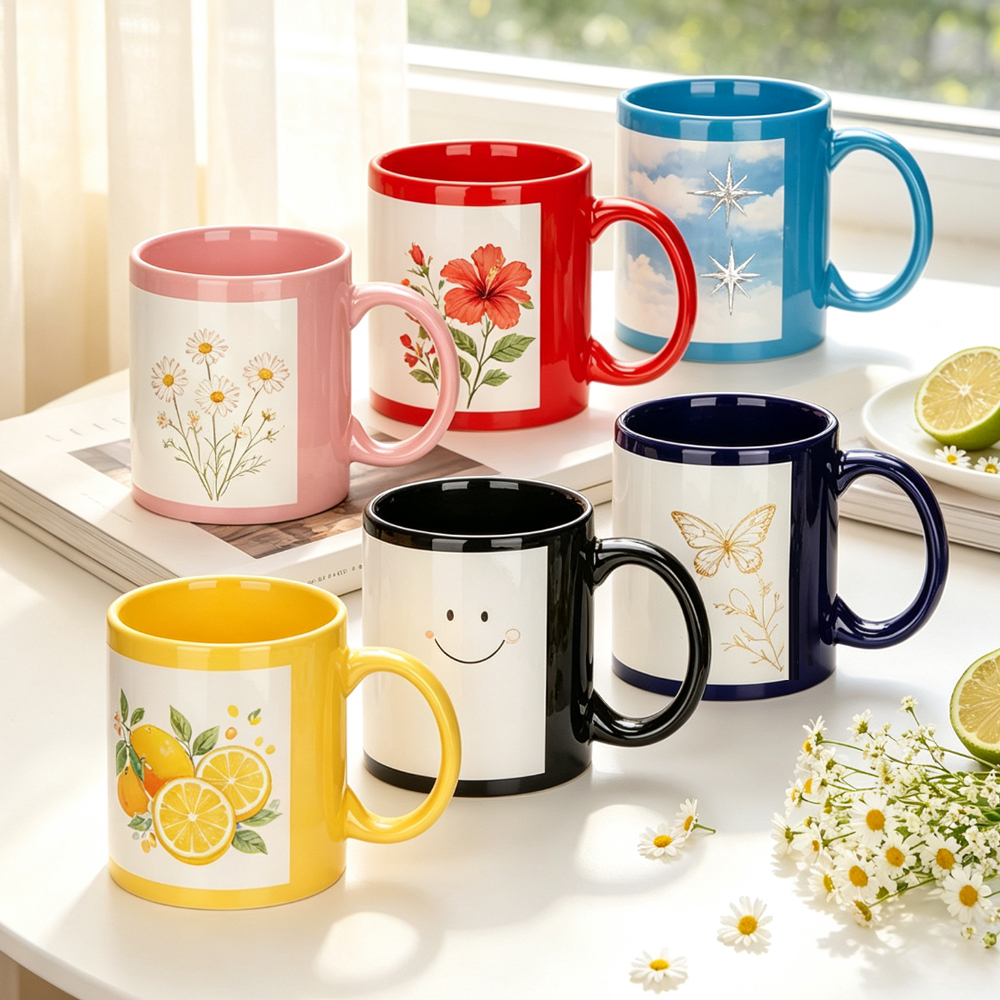 Wholesale Sublimation Blank Ceramic Mug Series 11oz 15oz Inner Color Rim Handle Glitter Marble Color Changing Cup for Heat Press DIY