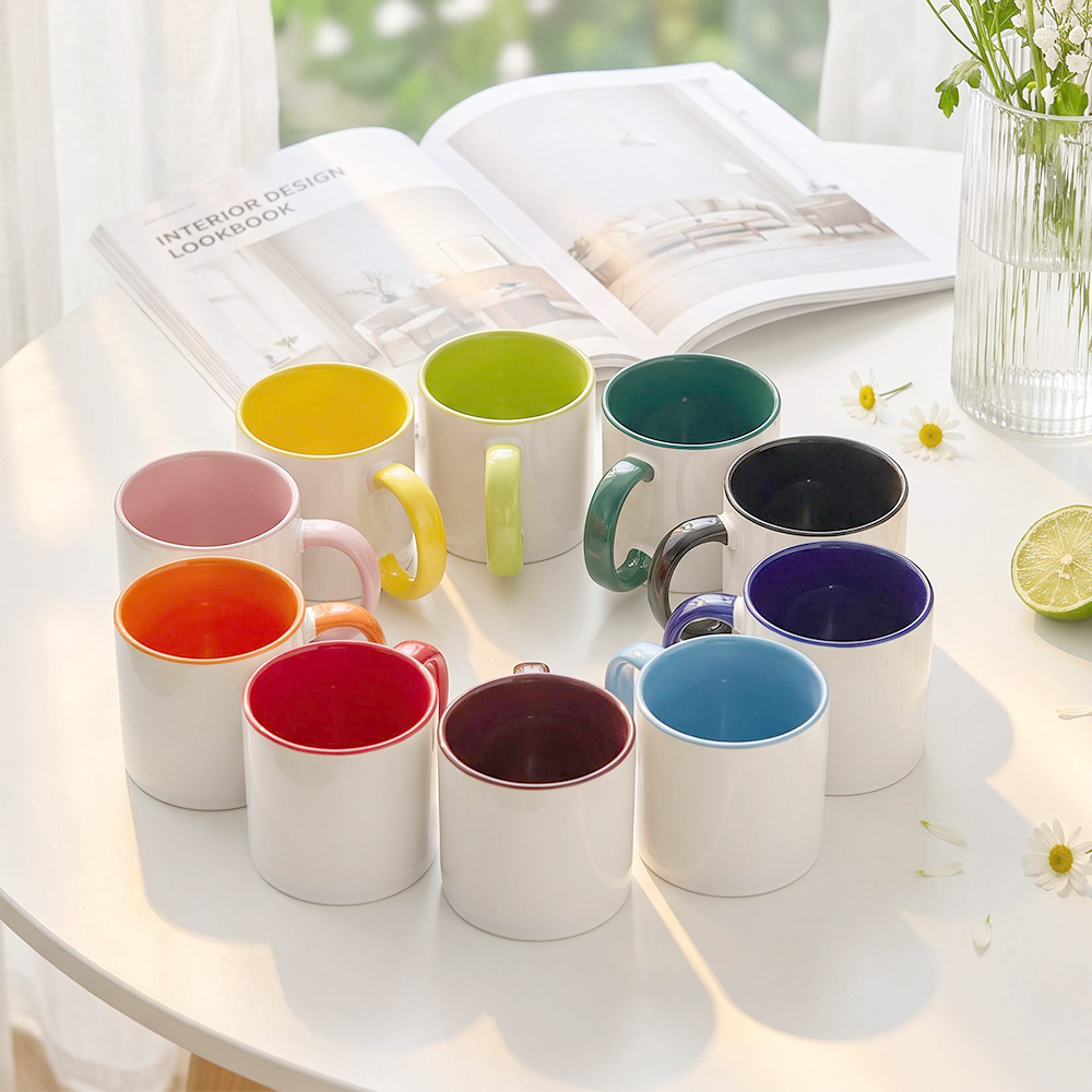 Wholesale Sublimation Blank Ceramic Mug Series 11oz 15oz Inner Color Rim Handle Glitter Marble Color Changing Cup for Heat Press DIY