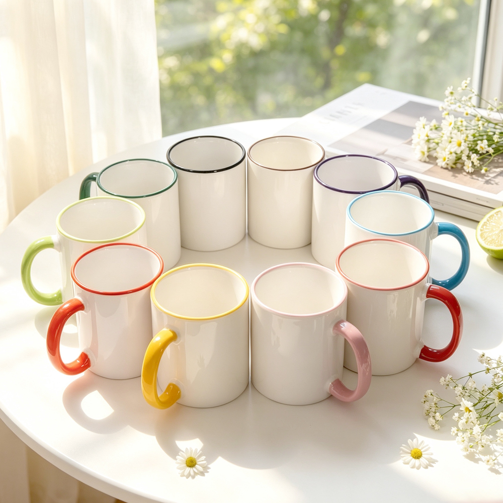 Wholesale Sublimation Blank Ceramic Mug Series 11oz 15oz Inner Color Rim Handle Glitter Marble Color Changing Cup for Heat Press DIY