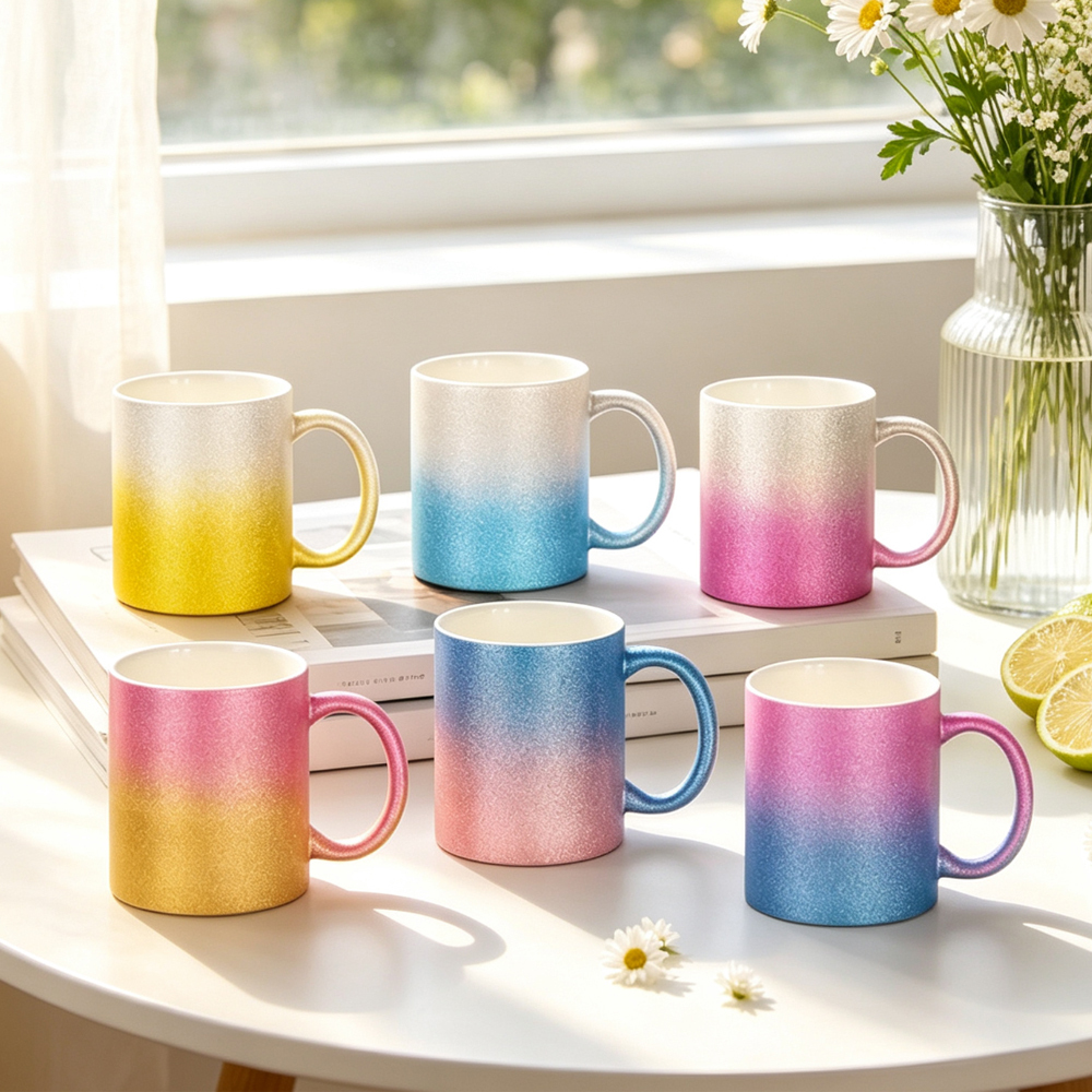 Wholesale Sublimation Blank Ceramic Mug Series 11oz 15oz Inner Color Rim Handle Glitter Marble Color Changing Cup for Heat Press DIY