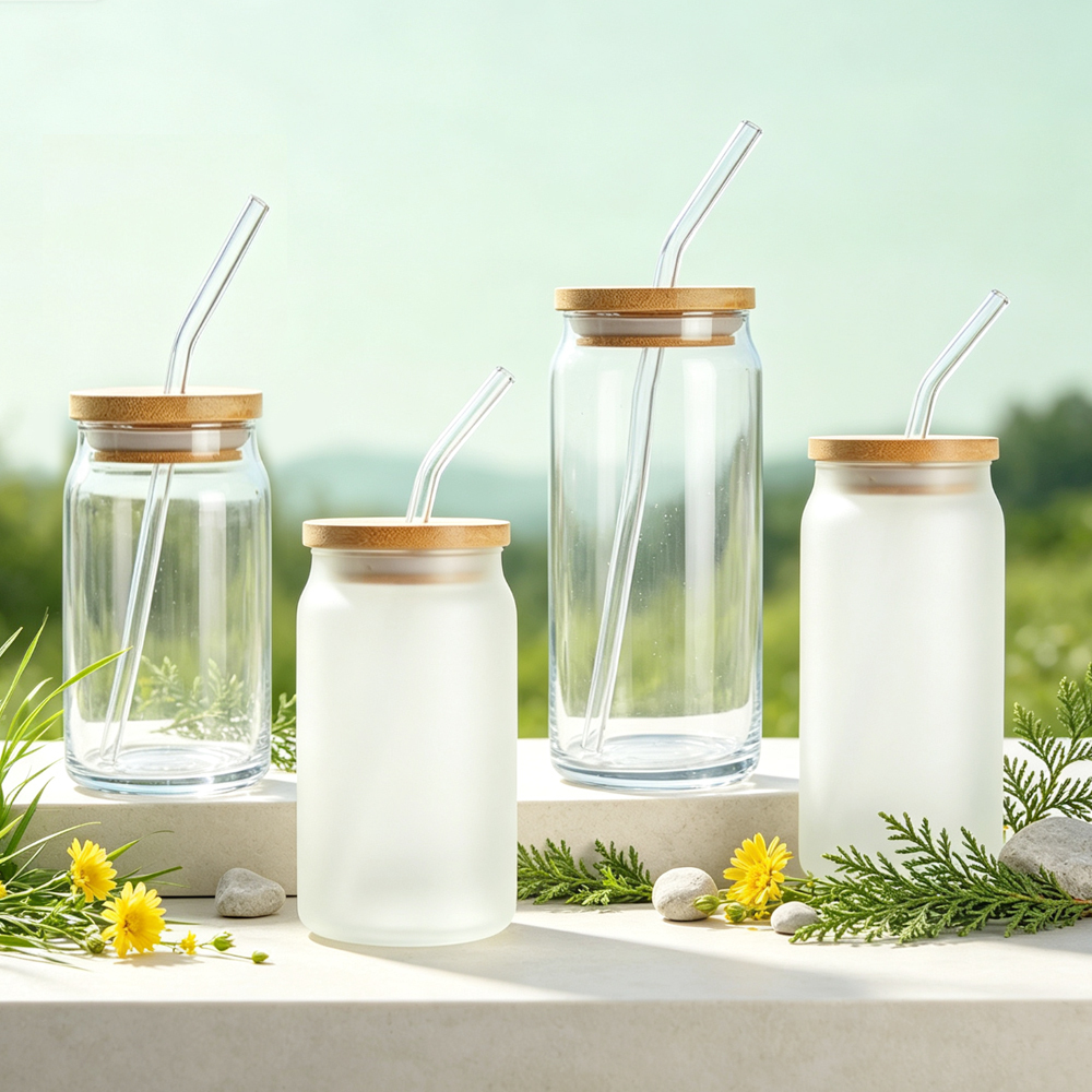 Wholesale Sublimation Blank Glass Cups Frosted Clear DIY Heat Transfer Tumbler with Bamboo Lid Straw for Personalized Drinkware Gift