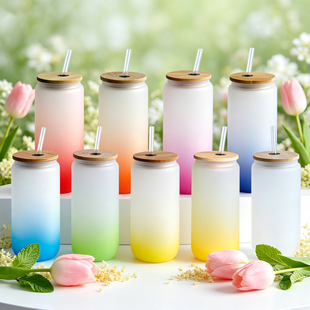 Wholesale Sublimation Blank Gradient Glass Cups Frosted Clear DIY Heat Transfer Tumbler with Bamboo Lid Straw for Custom Drinkware Gift