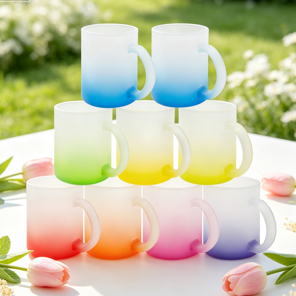 Wholesale Sublimation Blank Gradient Glass Cups Frosted Clear DIY Heat Transfer Tumbler with Bamboo Lid Straw for Custom Drinkware Gift