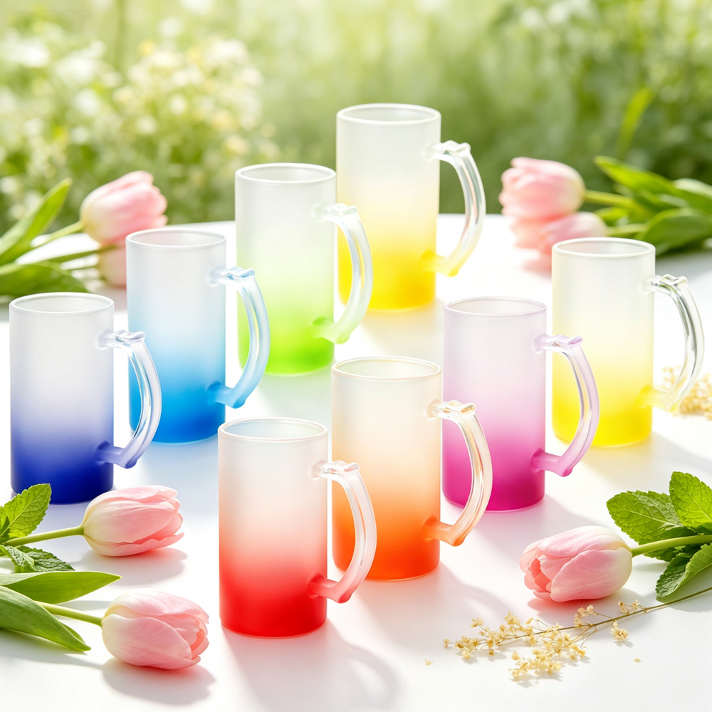 Wholesale Sublimation Blank Gradient Glass Cups Frosted Clear DIY Heat Transfer Tumbler with Bamboo Lid Straw for Custom Drinkware Gift