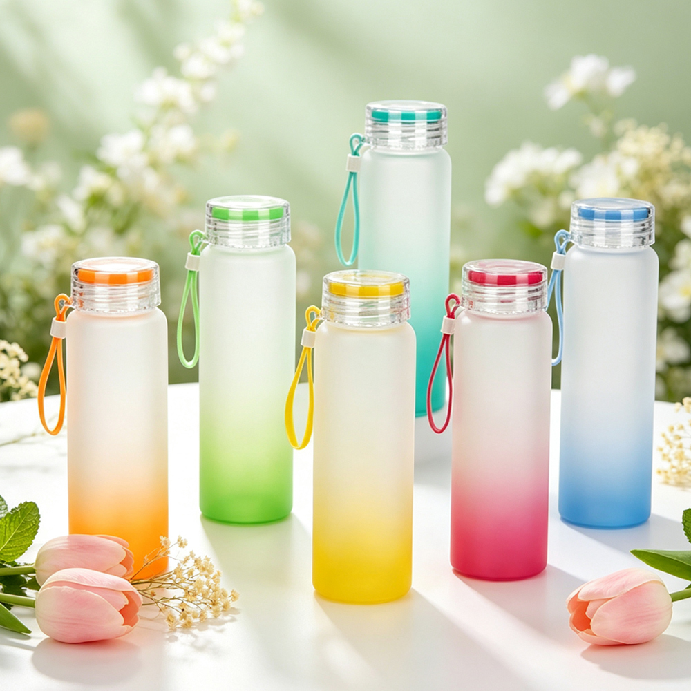 Wholesale Sublimation Blank Gradient Glass Cups Frosted Clear DIY Heat Transfer Tumbler with Bamboo Lid Straw for Custom Drinkware Gift
