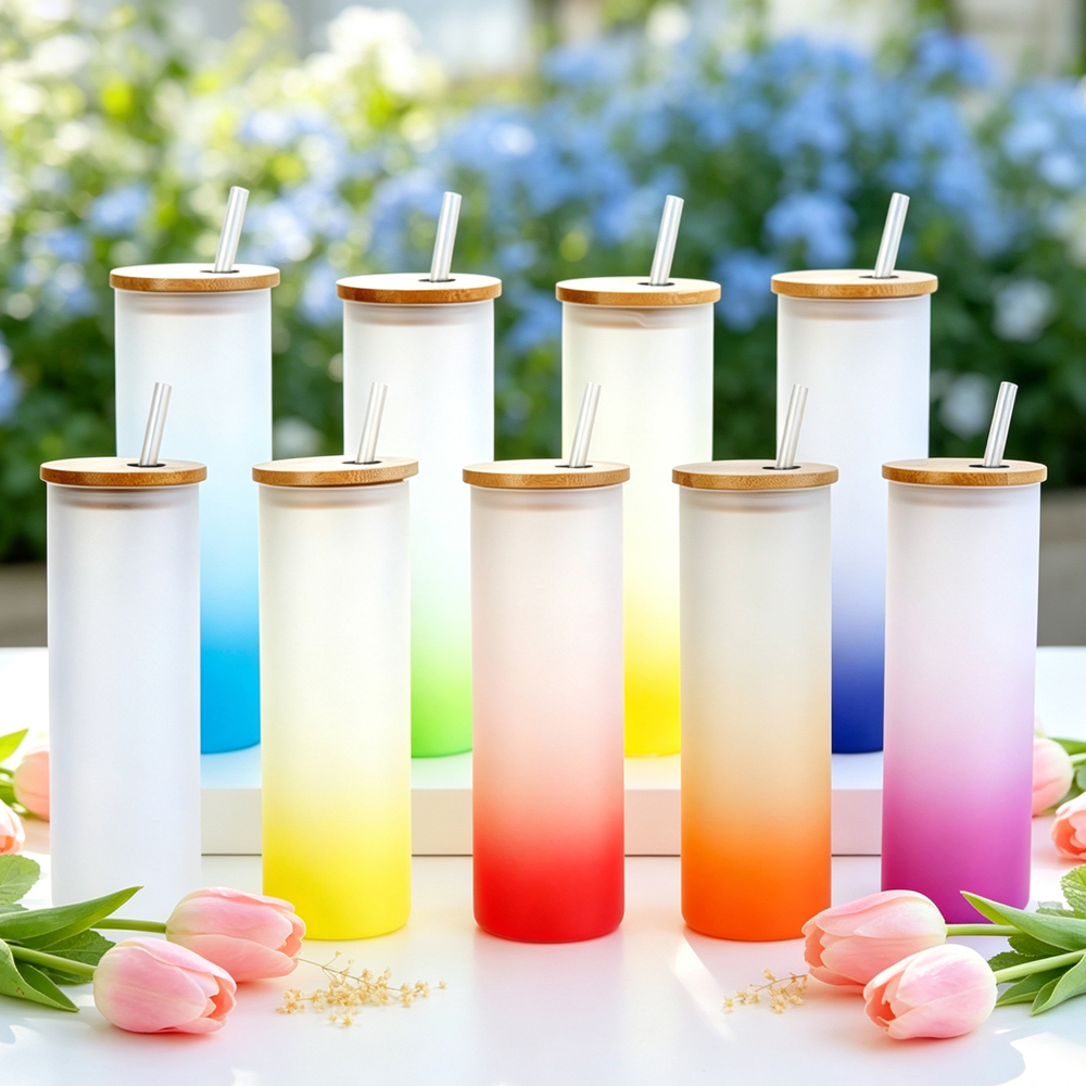 Wholesale Sublimation Blank Gradient Glass Cups Frosted Clear DIY Heat Transfer Tumbler with Bamboo Lid Straw for Custom Drinkware Gift