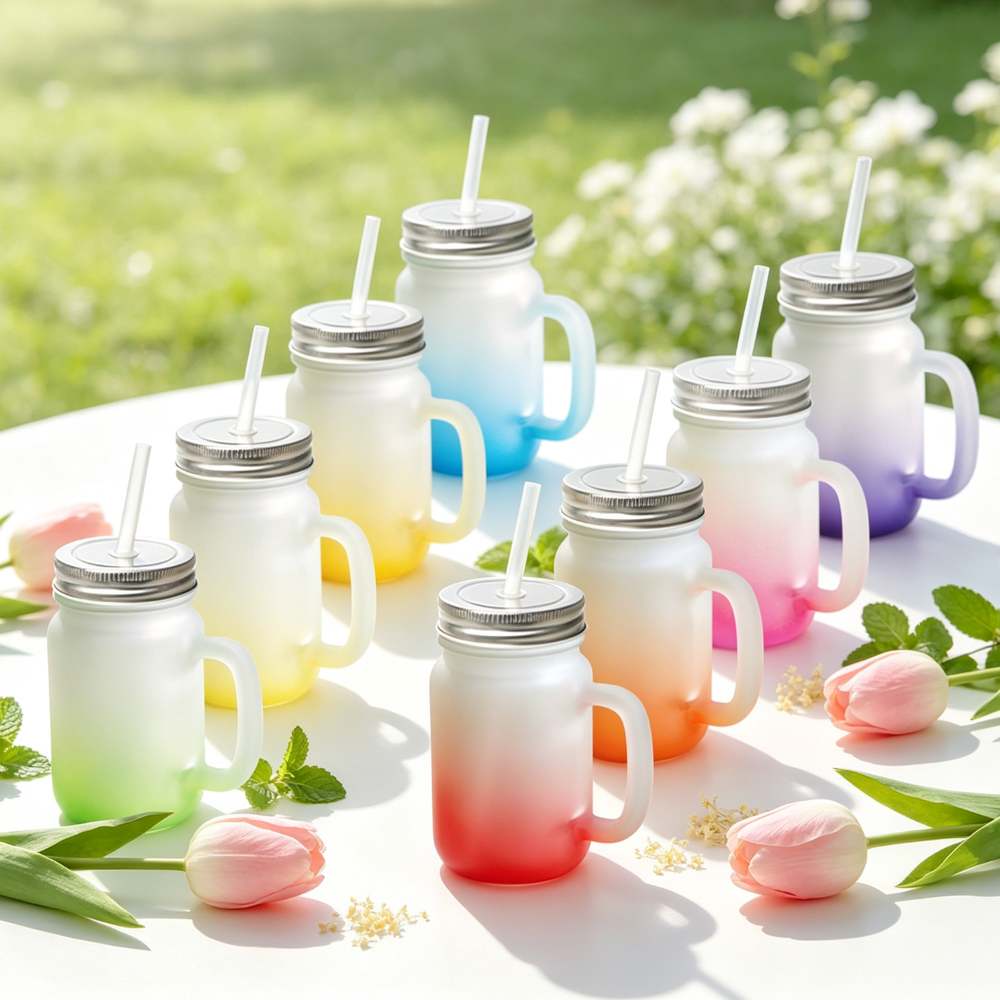 Wholesale Sublimation Blank Gradient Glass Cups Frosted Clear DIY Heat Transfer Tumbler with Bamboo Lid Straw for Custom Drinkware Gift