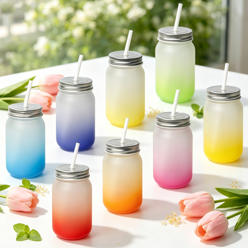 Wholesale Sublimation Blank Gradient Glass Cups Frosted Clear DIY Heat Transfer Tumbler with Bamboo Lid Straw for Custom Drinkware Gift
