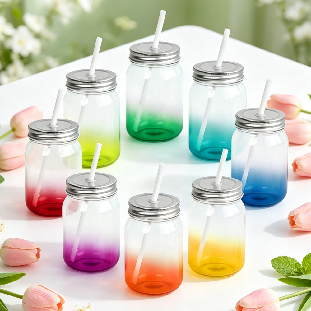 Wholesale Sublimation Blank Gradient Glass Cups Frosted Clear DIY Heat Transfer Tumbler with Bamboo Lid Straw for Custom Drinkware Gift