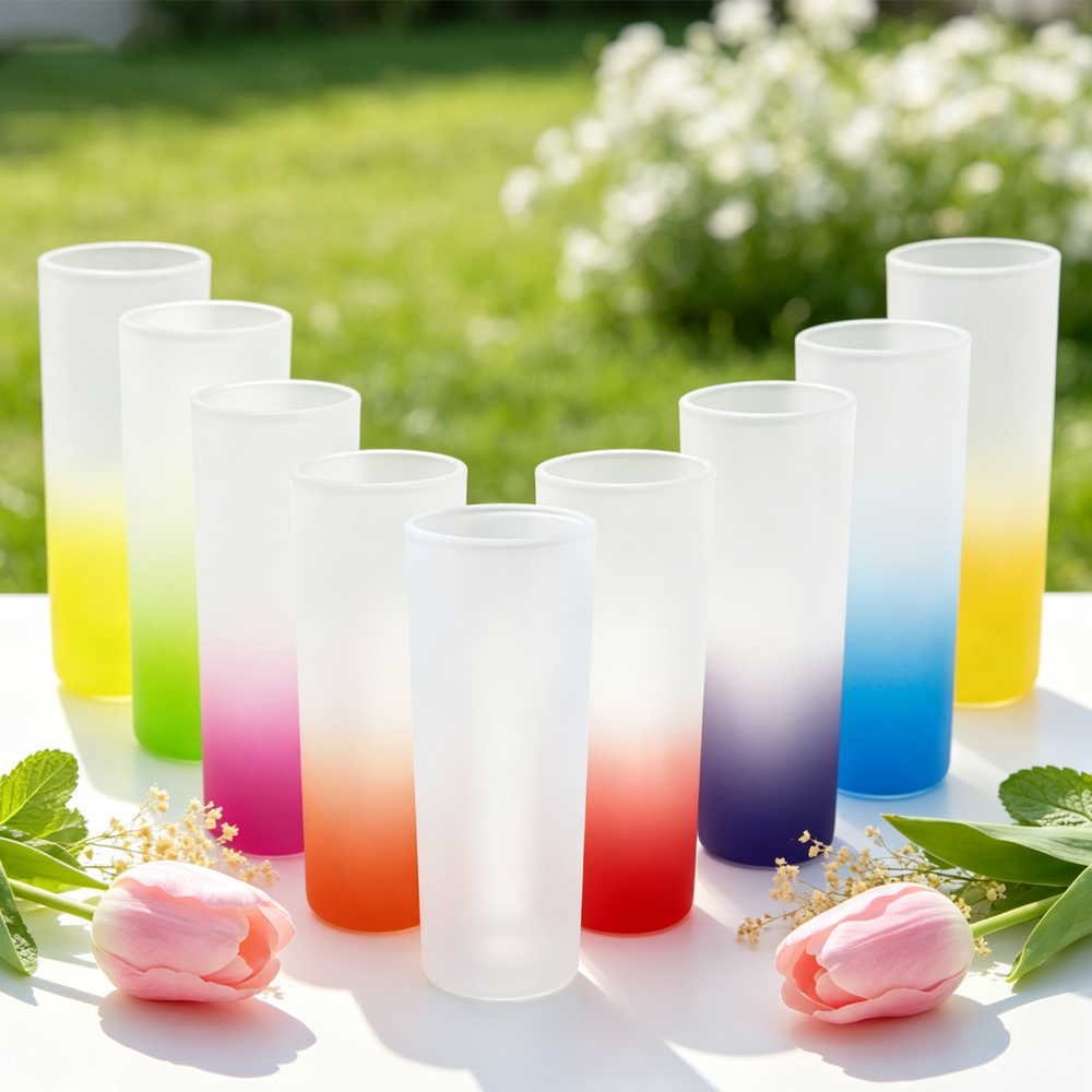 Wholesale Sublimation Blank Gradient Glass Cups Frosted Clear DIY Heat Transfer Tumbler with Bamboo Lid Straw for Custom Drinkware Gift