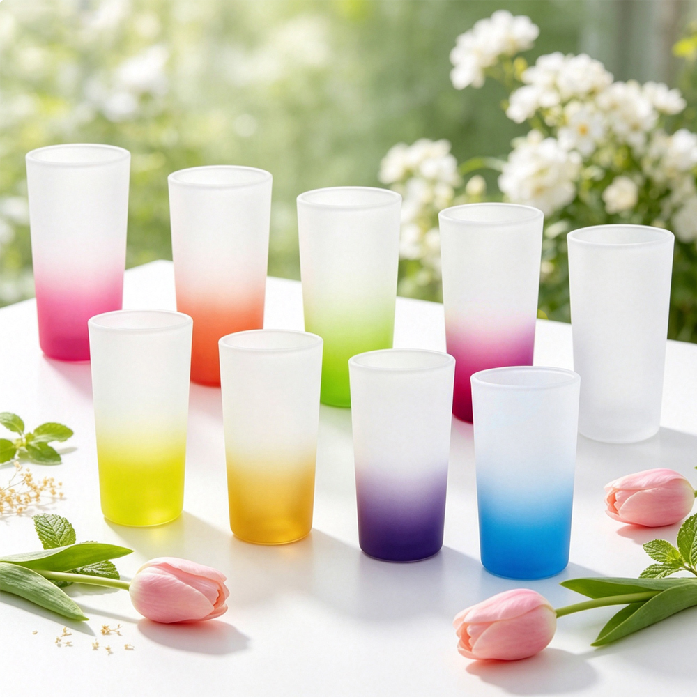 Wholesale Sublimation Blank Gradient Glass Cups Frosted Clear DIY Heat Transfer Tumbler with Bamboo Lid Straw for Custom Drinkware Gift