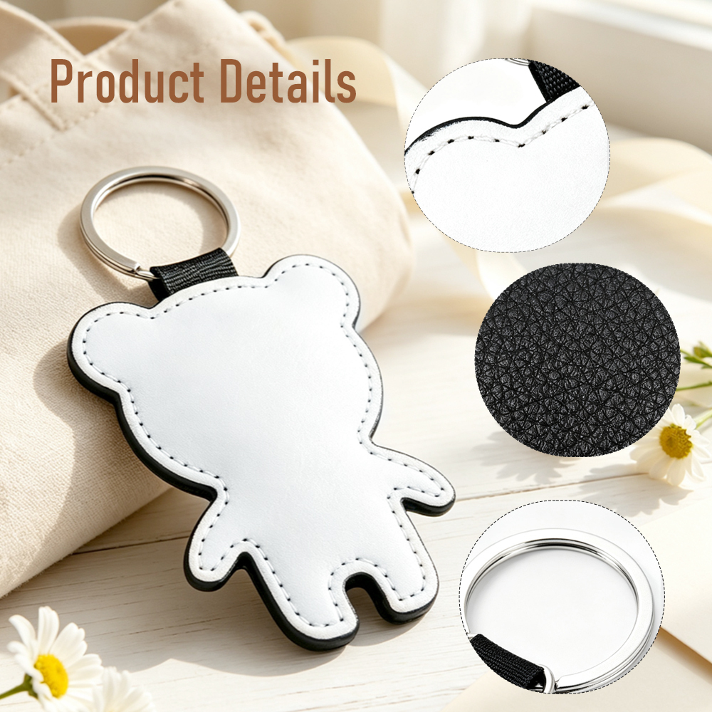 Bear Shape Sublimation Blank Keychain PU Leather Pendant DIY Custom Photo Print Cute Bag Charm Single Double Side Key Ring Gift