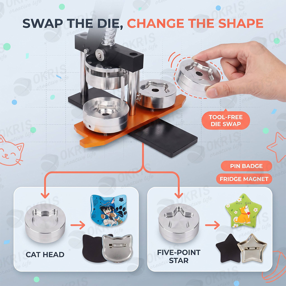 Custom Manual Badge Making Machine Kit Cat Head Star Button Press Cutter 100 Sets Magnetic Backing DIY Pin Gift