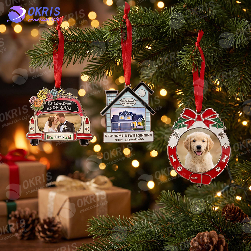 Sublimation 2026 Christmas Ornaments 4 Shape Blank Single Sided Aluminum Printing Xmas Pendant with Red String DIY Tree Hanging Decoration