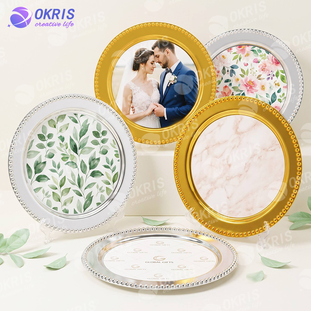 Sublimation Wedding Fruit Tray Metal Decorative Serving Plate Gold Silver 2 Sizes DIY Photo Logo Custom