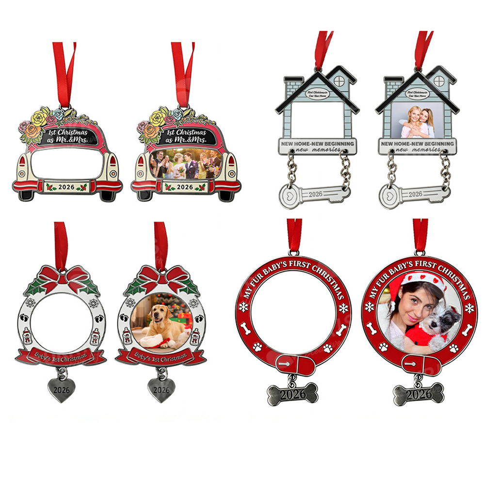 Sublimation 2026 Christmas Ornaments 4 Shape Blank Single Sided Aluminum Printing Xmas Pendant with Red String DIY Tree Hanging Decoration