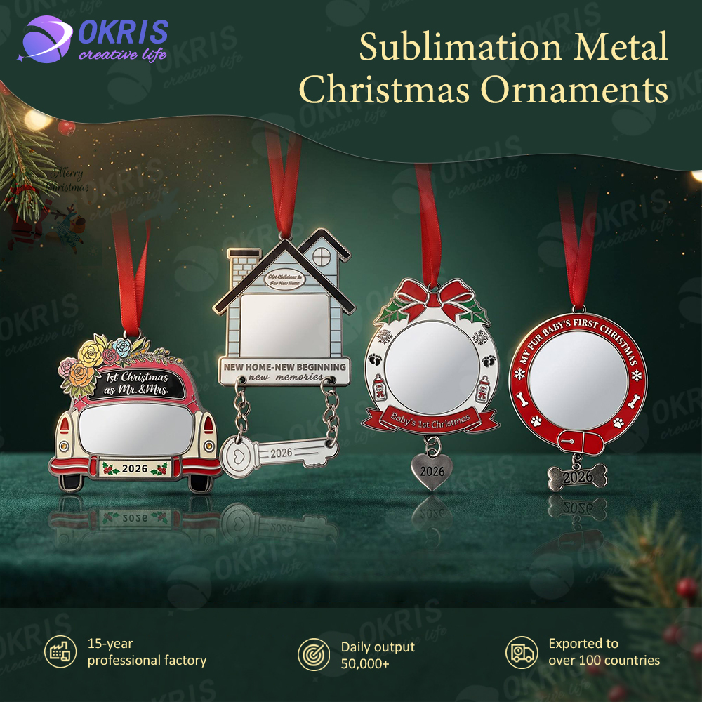 Sublimation 2026 Christmas Ornaments 4 Shape Blank Single Sided Aluminum Printing Xmas Pendant with Red String DIY Tree Hanging Decoration