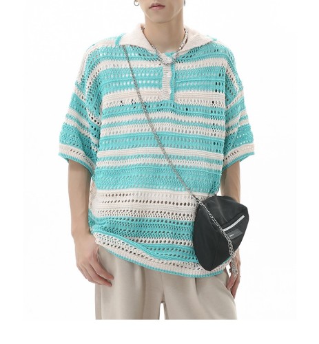 Striped lapels knit polo shirt T-shirt