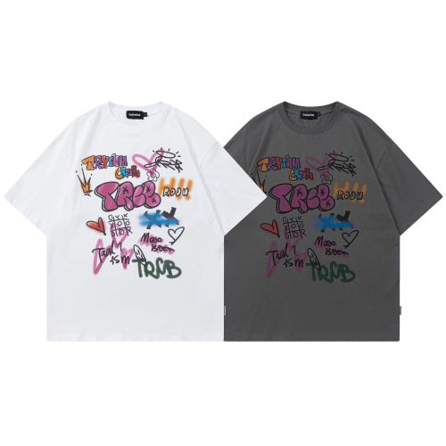 Color-block print crewneck short sleeve T-shirt