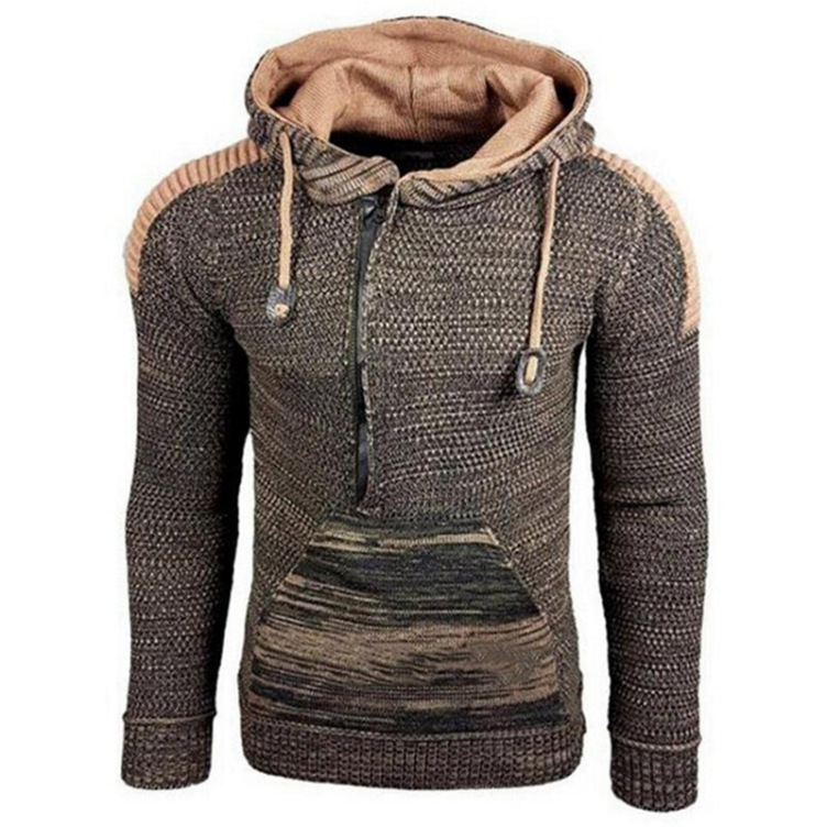 Knitted color-block pullover hoodie