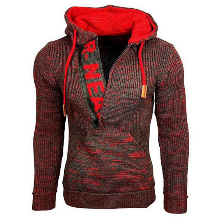 Knitted color-block pullover hoodie