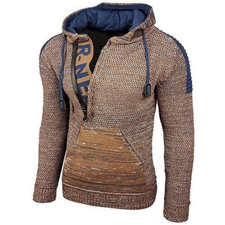 Knitted color-block pullover hoodie