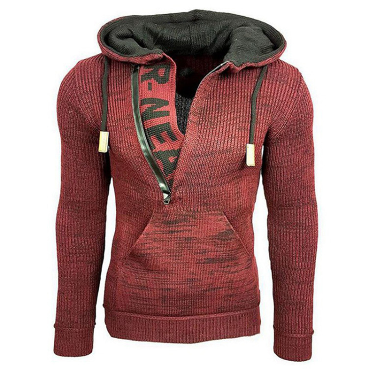 Knitted color-block pullover hoodie