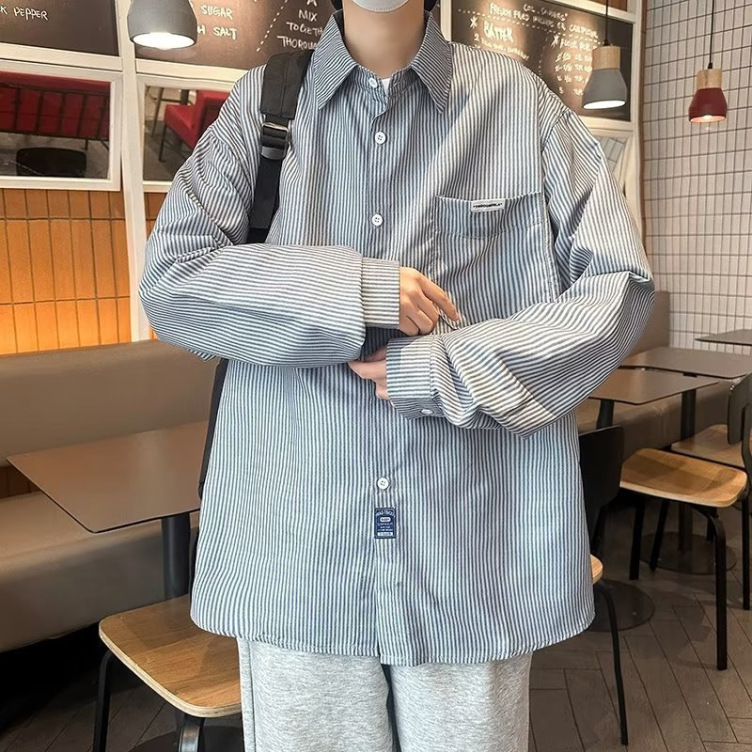 Vertical striped loose trend long-sleeved shirt