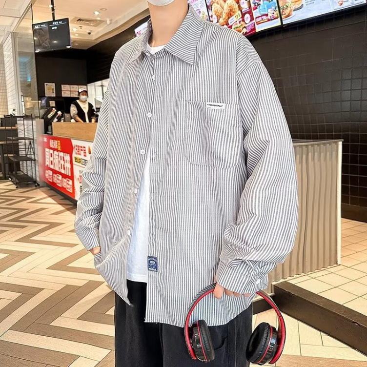 Vertical striped loose trend long-sleeved shirt