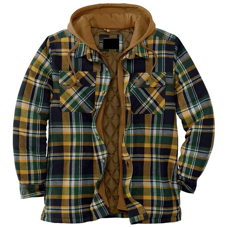 Cotton check long-sleeved loose-fitting hooded jacket