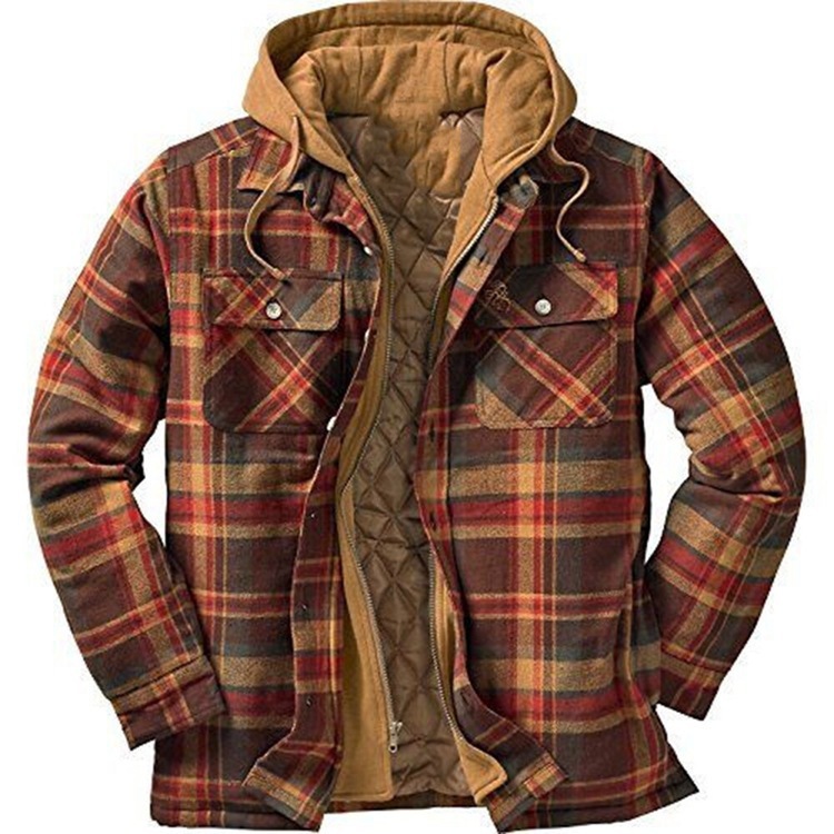 Cotton check long-sleeved loose-fitting hooded jacket
