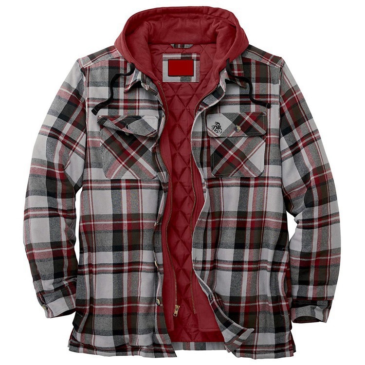 Cotton check long-sleeved loose-fitting hooded jacket