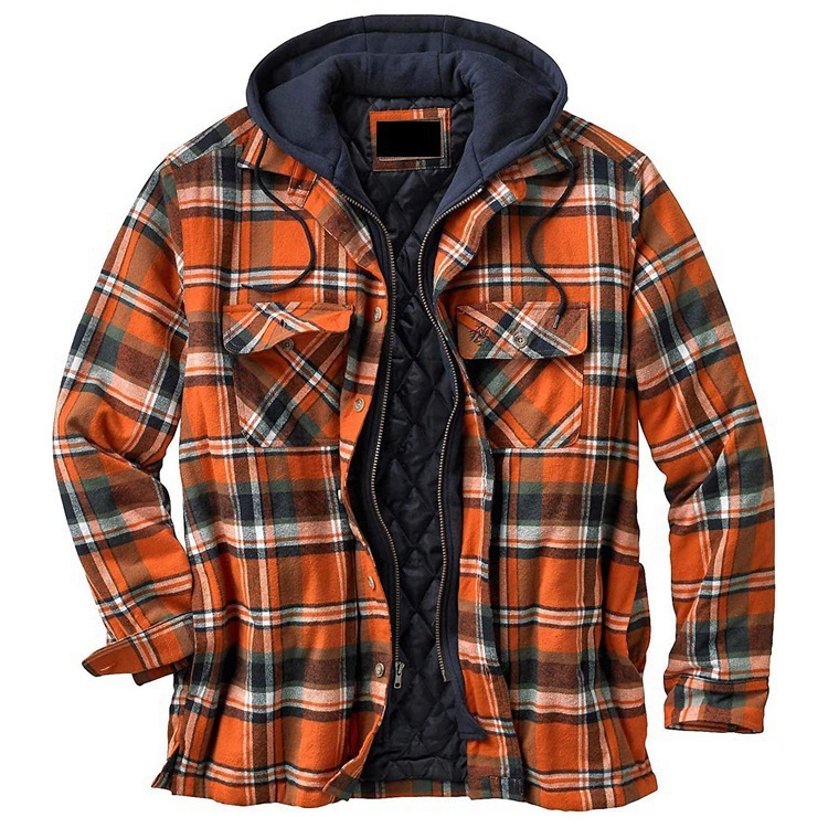 Cotton check long-sleeved loose-fitting hooded jacket