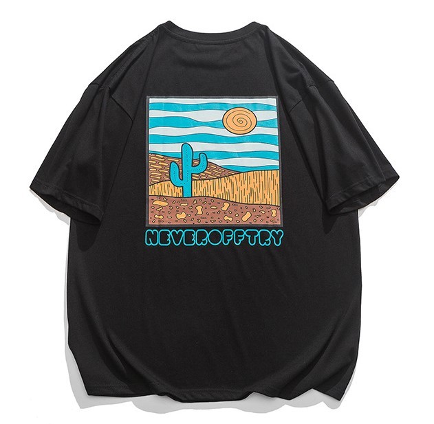Pattern-print crewneck short-sleeved trend T-shirt