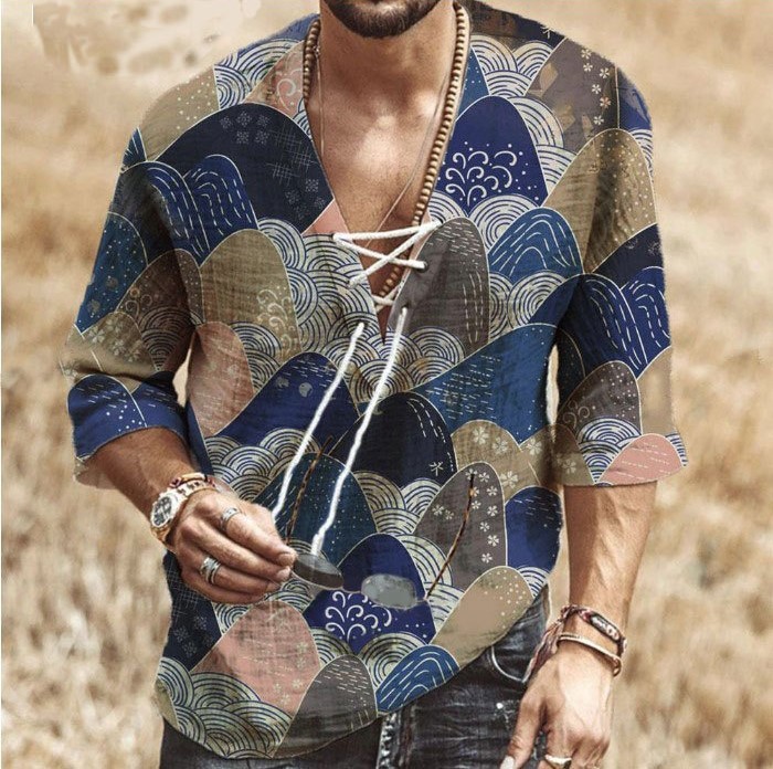Printed lace-up casual fashion shirt
