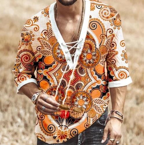 Printed lace-up casual fashion shirt