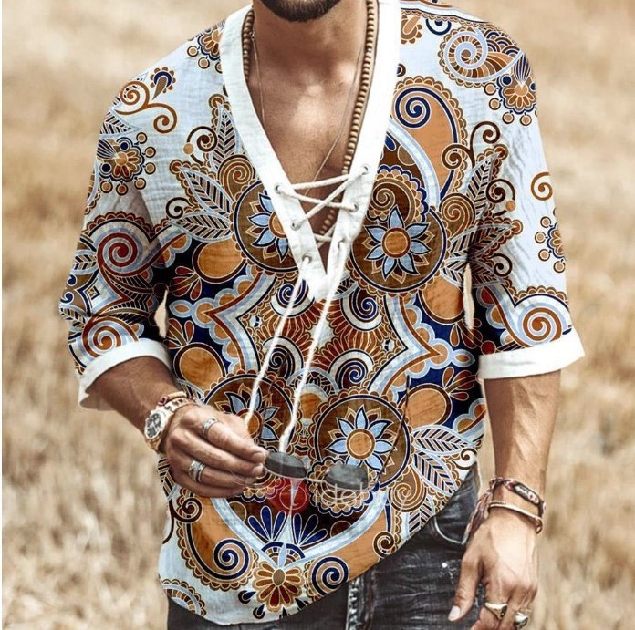 Printed lace-up casual fashion shirt