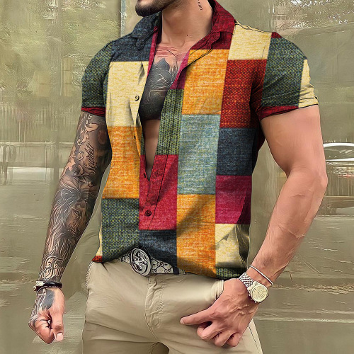 Lapel casual panels plaid trend shirt
