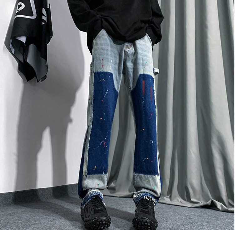 Color-block patterned trendy flared jeans